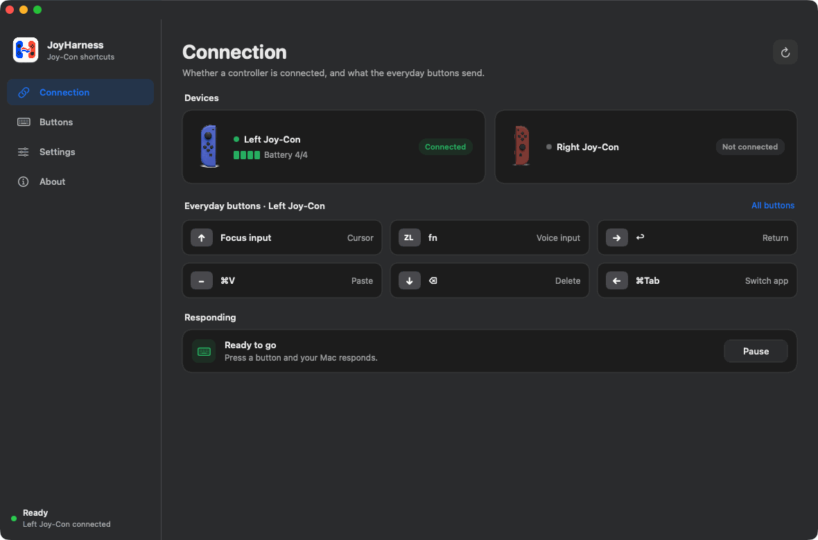 JoyHarness Connection page showing the left Joy-Con connected, its battery and the everyday buttons