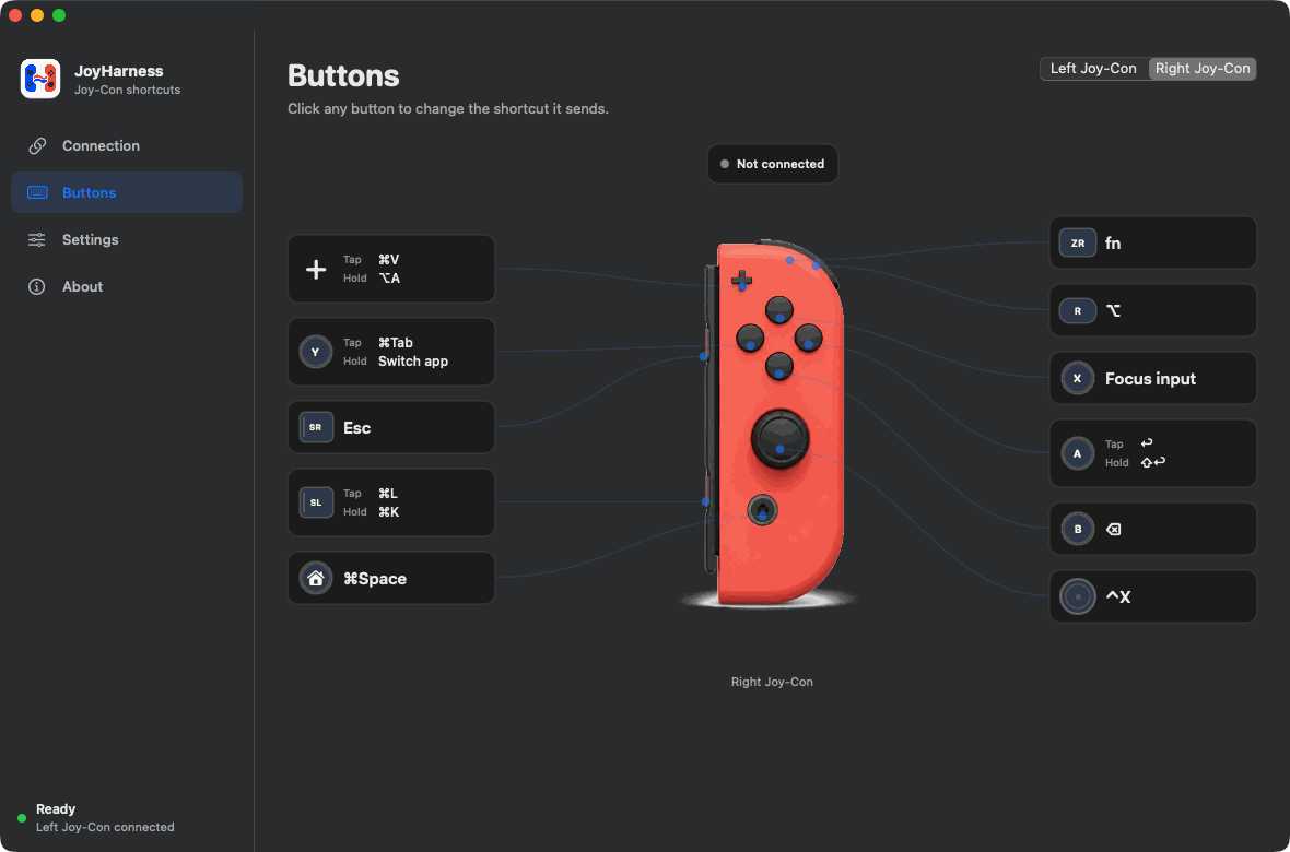 JoyHarness Buttons page showing what each button on the right Joy-Con sends