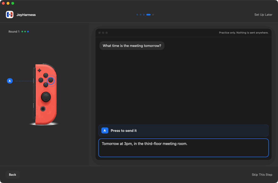 Round one of the practice: the field holds the line just spoken, A is lit on the controller, and the prompt says to press it to send